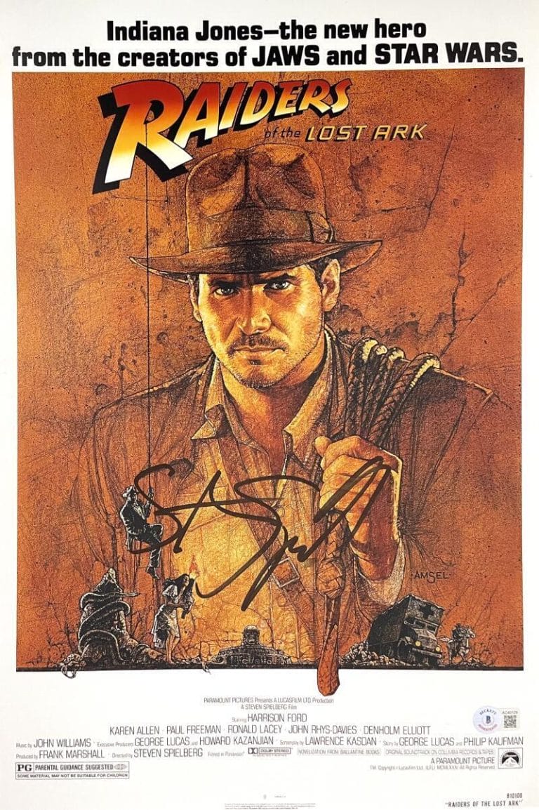 STEVEN SPIELBERG SIGNED AUTOGRAPH 12×18 MOVIE POSTER RAIDERS OF THE LOST ARC BAS COLLECTIBLE MEMORABILIA