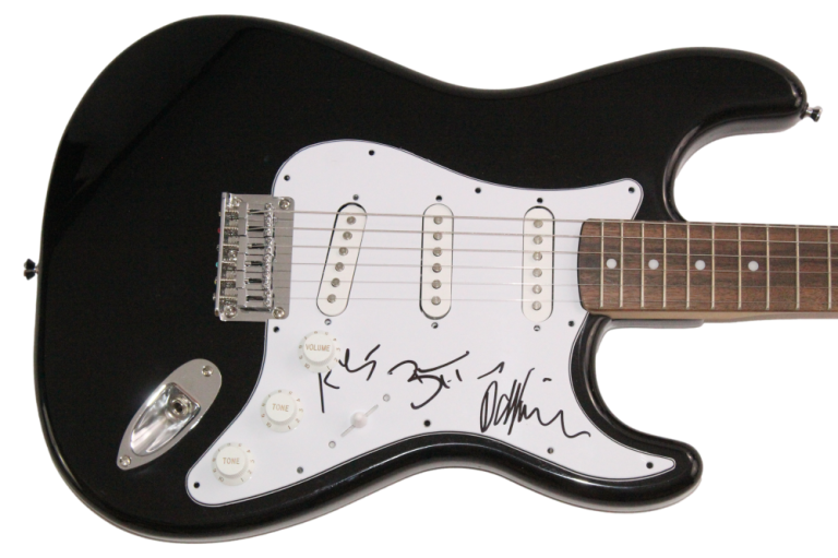 THE KILLERS X3 SIGNED AUTOGRAPH BLACK FENDER ELECTRIC GUITAR BRANDON FLOWERS JSA COLLECTIBLE MEMORABILIA