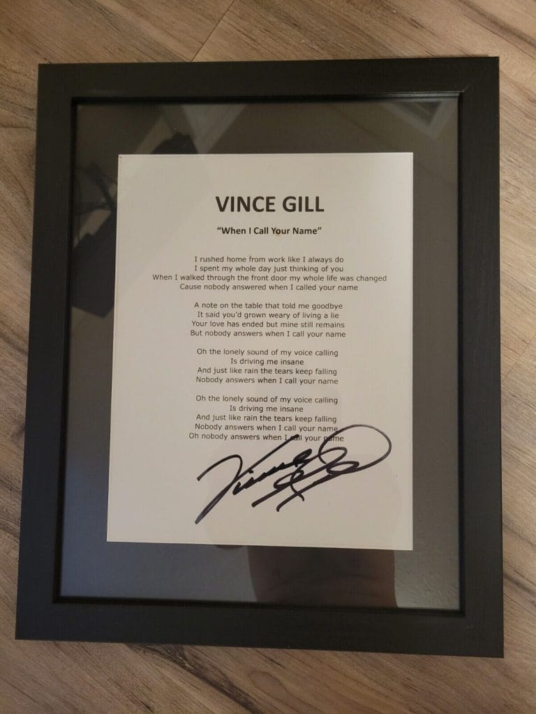 VINCE GILL SIGNED FRAMED WHEN I CALL YOUR NAME AUTOGRAPHED LYRIC SHEET
 COLLECTIBLE MEMORABILIA