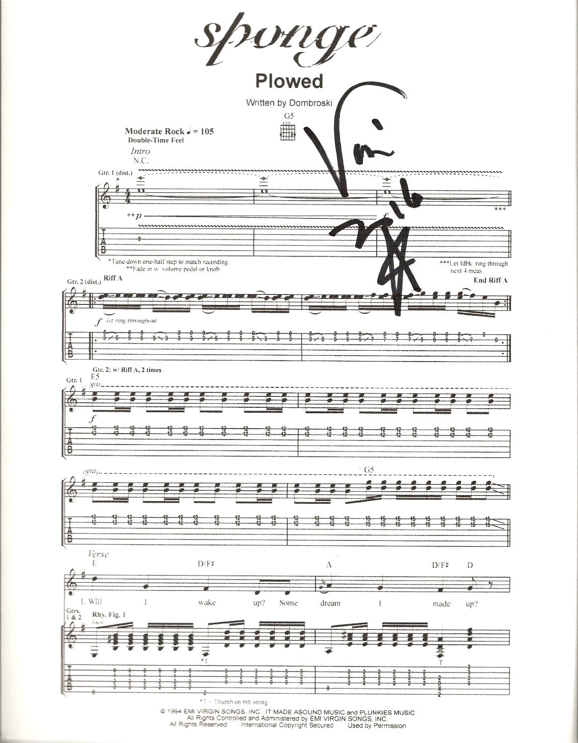 Vinnie Dombroski of Sponge REAL SIGNED Plowed Sheet Music #3 COA Autographed