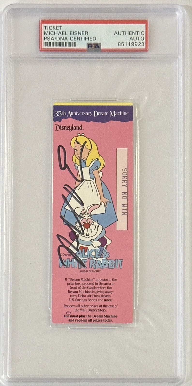 MICHAEL EISNER SIGNED DISNEYLAND DREAM TICKET PSA DNA COA ALICE IN WONDERLAND