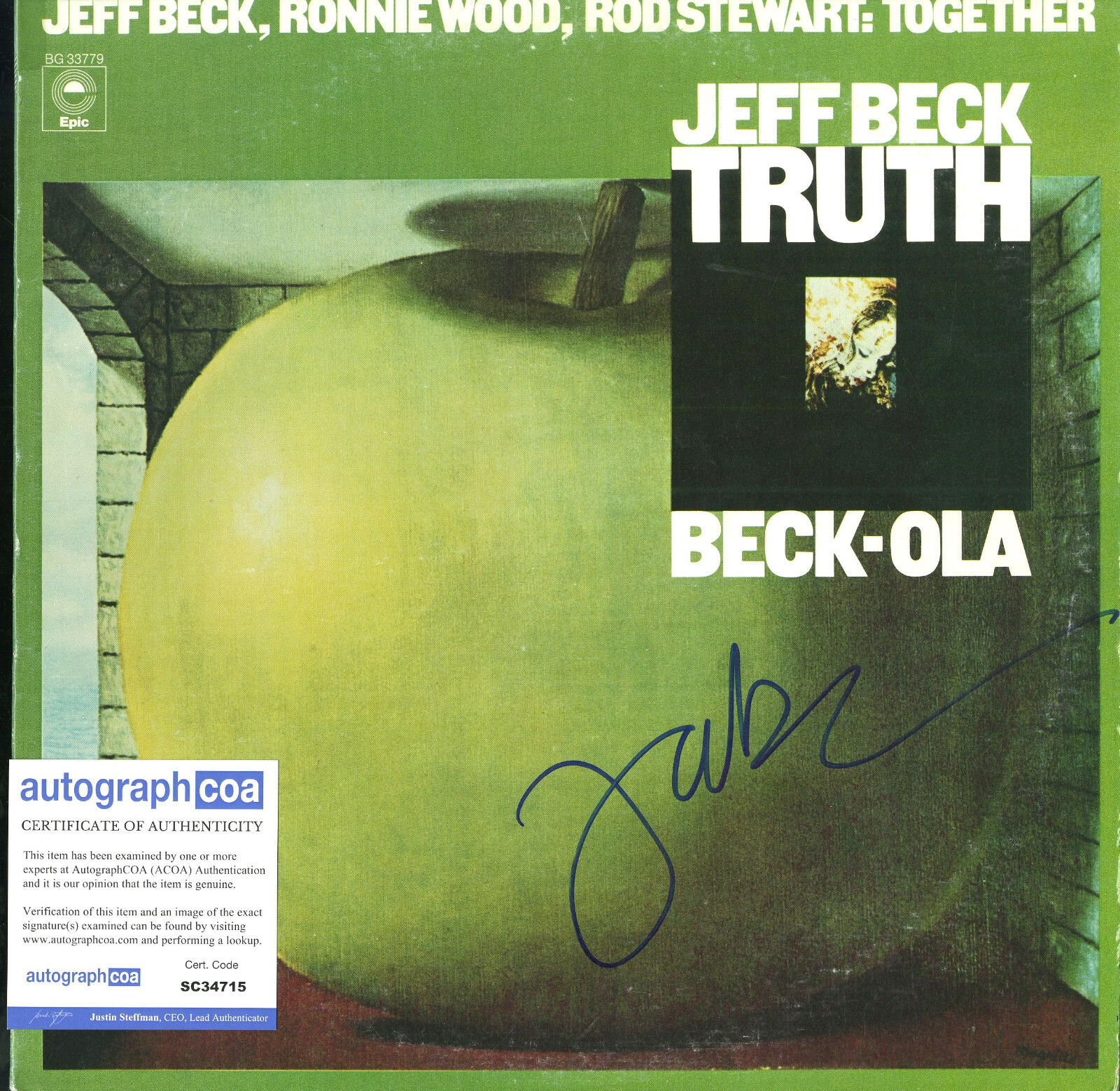 JEFF BECK, BECK-OLA SIGNED VINYL RECORD ACOA COLLECTIBLE MEMORABILIA