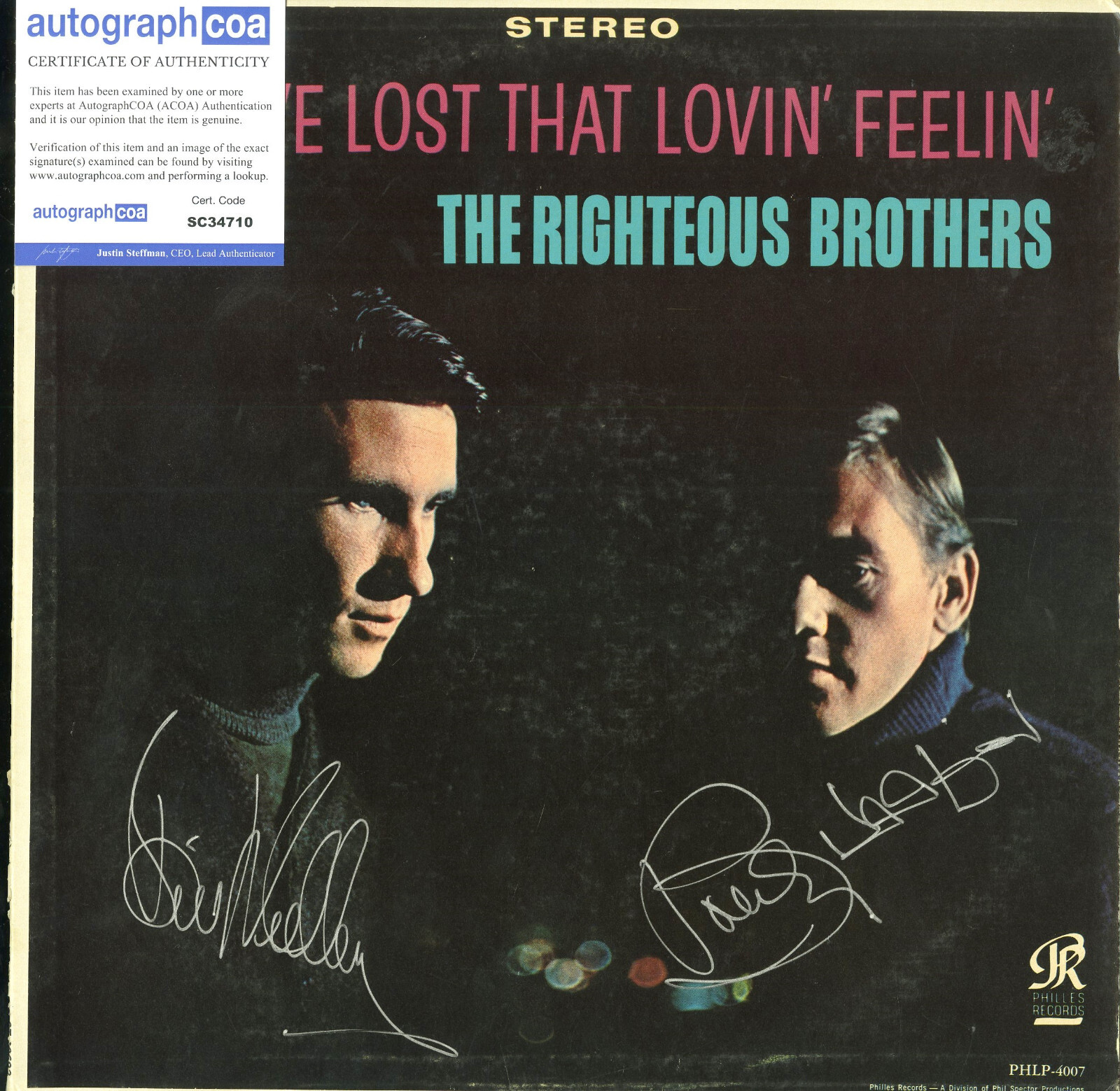RIGHTEOUS BROTHERS YOU’VE LOST THAT LOVIN FELLIN VINYL RECORD SIGNED ACOA COLLECTIBLE MEMORABILIA