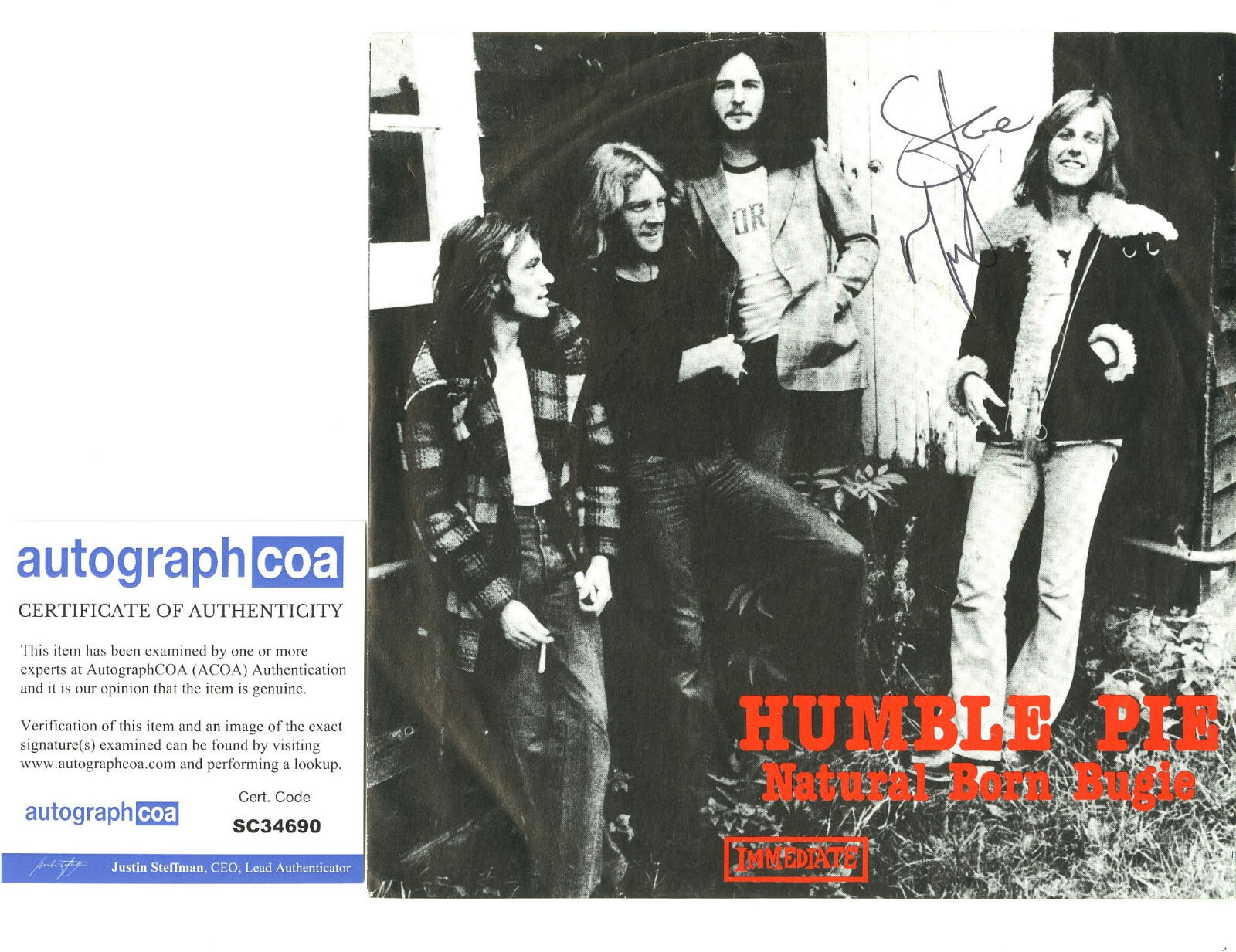 HUMBLE PIE 7″ VINYL RECORD SIGNED BY STEVE MARRIOTT, VERY RARE ACOA (SMALL FACES COLLECTIBLE MEMORABILIA