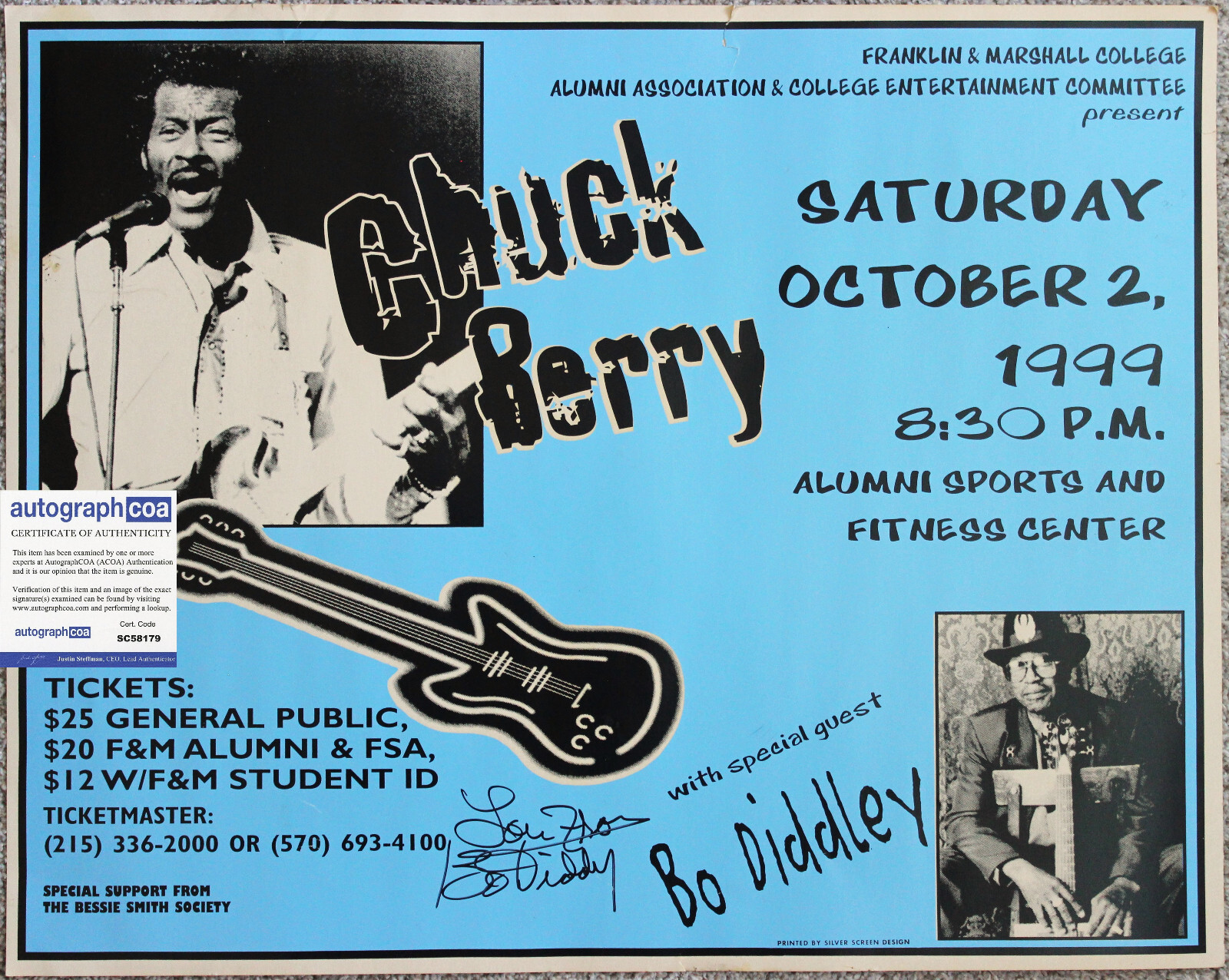 Bo Diddley Signed Vintage Concert Poster w/ Chuck Berry ACOA 1999