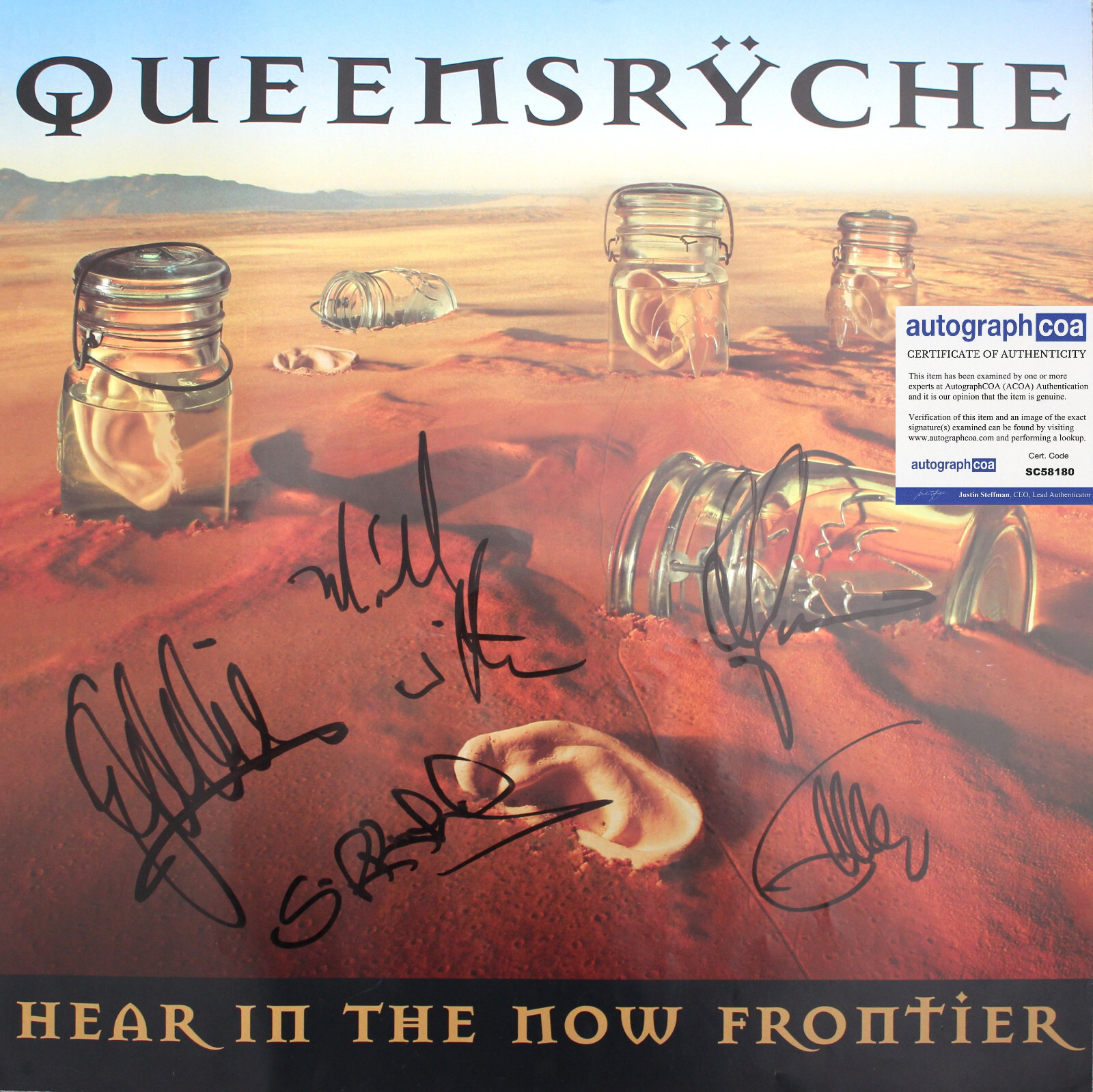 QUEENSRYCHE HEAD IN THE NOW FRONTIER SIGNED POSTER ACOA FULL OG BAND W/ CHRIS COLLECTIBLE MEMORABILIA