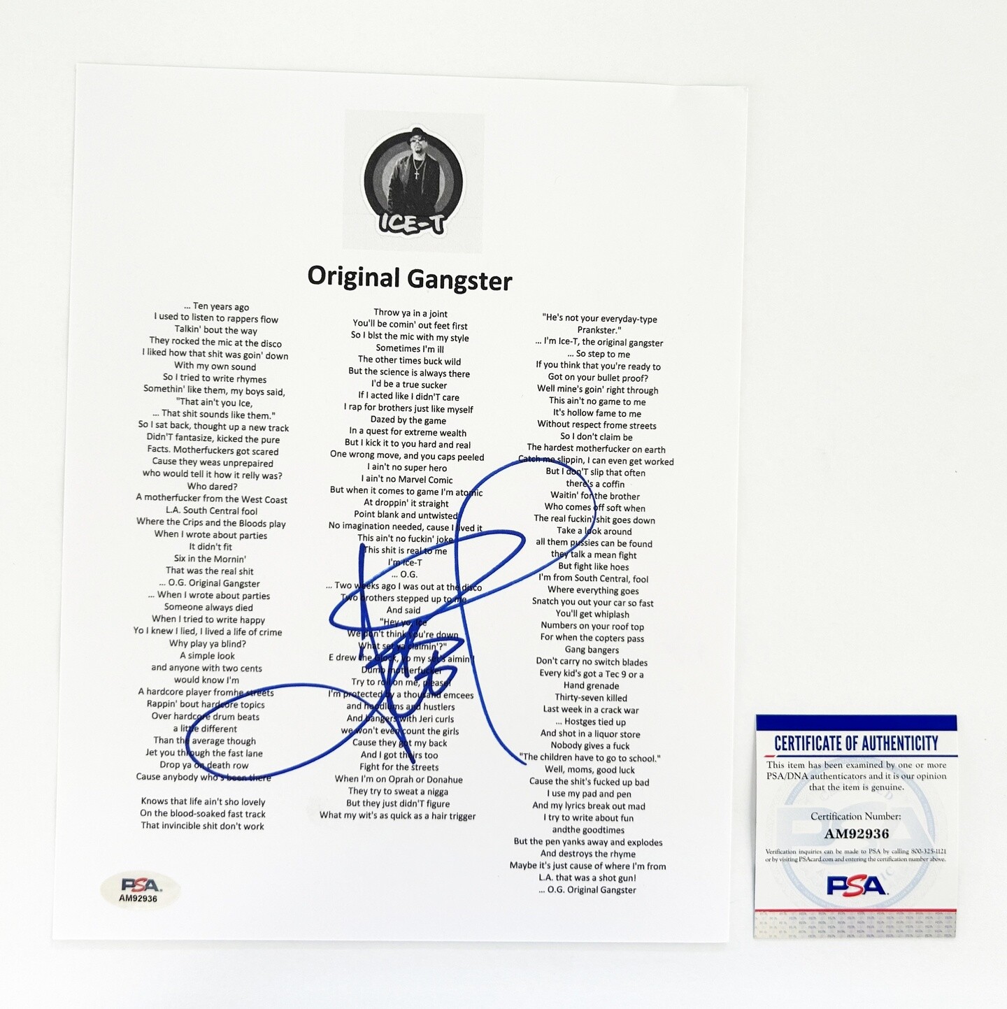 Ice-T Signed Lyric Sheet Original Gangster PSA/DNA COA