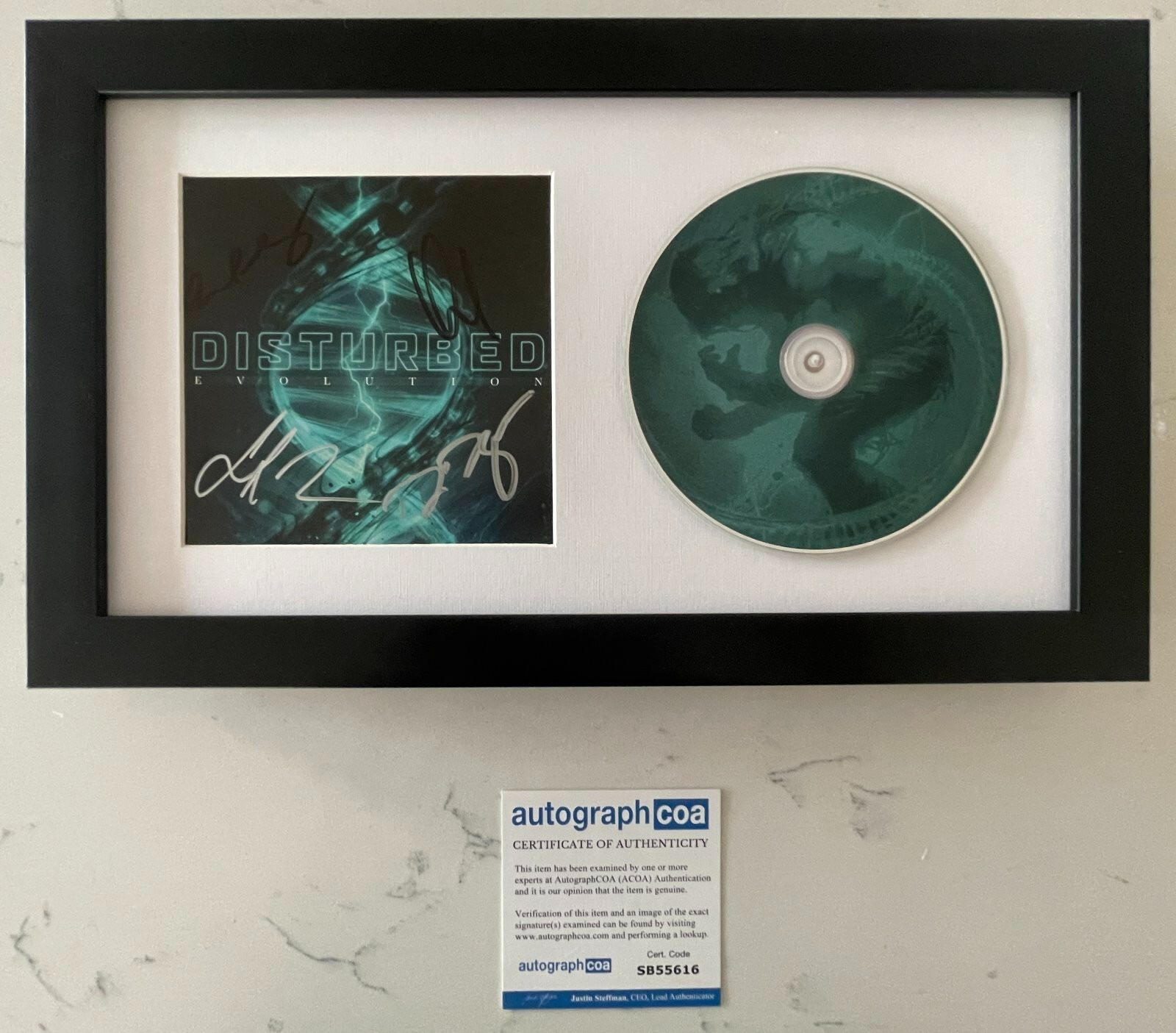 DISTURBED SIGNED EVOLUTION FRAMED & MATTED CD & AUTOGRAPH COA DAVID DRAIMAN +3