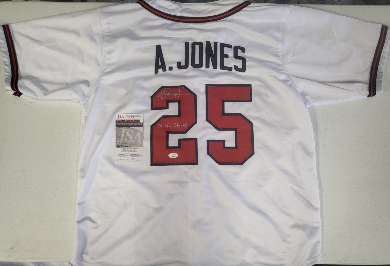 ANDRUW JONES #25 ATLANTA BRAVES 96 NL CHAMPS SIGNED CUSTOM JERSEY XL JSA COA *