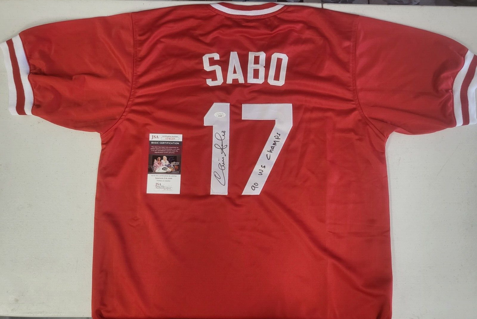 CHRIS SABO #17 CINCINNATI REDS 90 WS CHAMPS SIGNED CUSTOM JERSEY XL JSA COA *