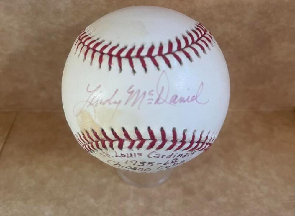 LINDY MCDANIEL SIGNED VINTAGE STAT M.L. BASEBALL BECKETT AUTH
