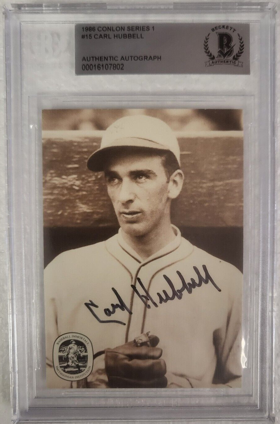 1986 CONLON SERIES 1 CARL HUBBELL SIGNED AUTOGRAPHED CARD #15 BECKETT AUTH