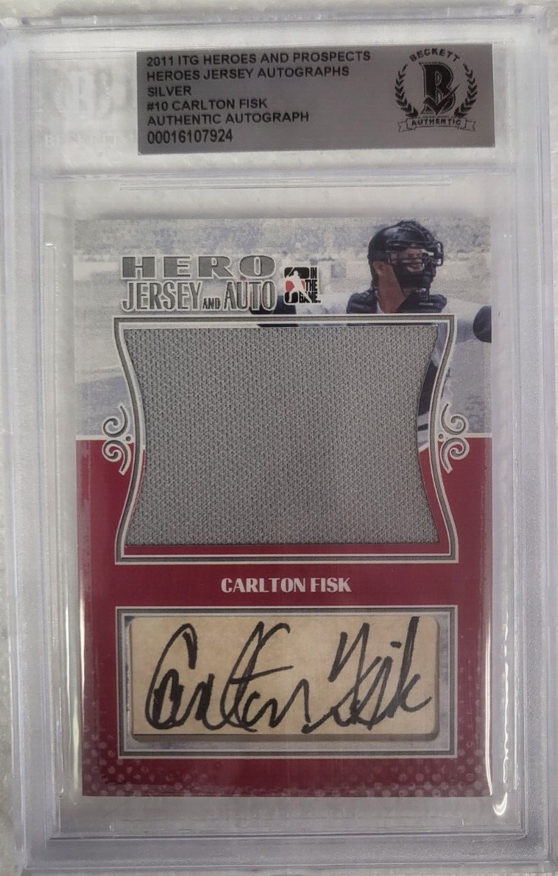 2011 ITG HEROES AND PROSPECTS CARLTON FISK SIGNED JERSEY RELIC CARD BECKETT AUTH