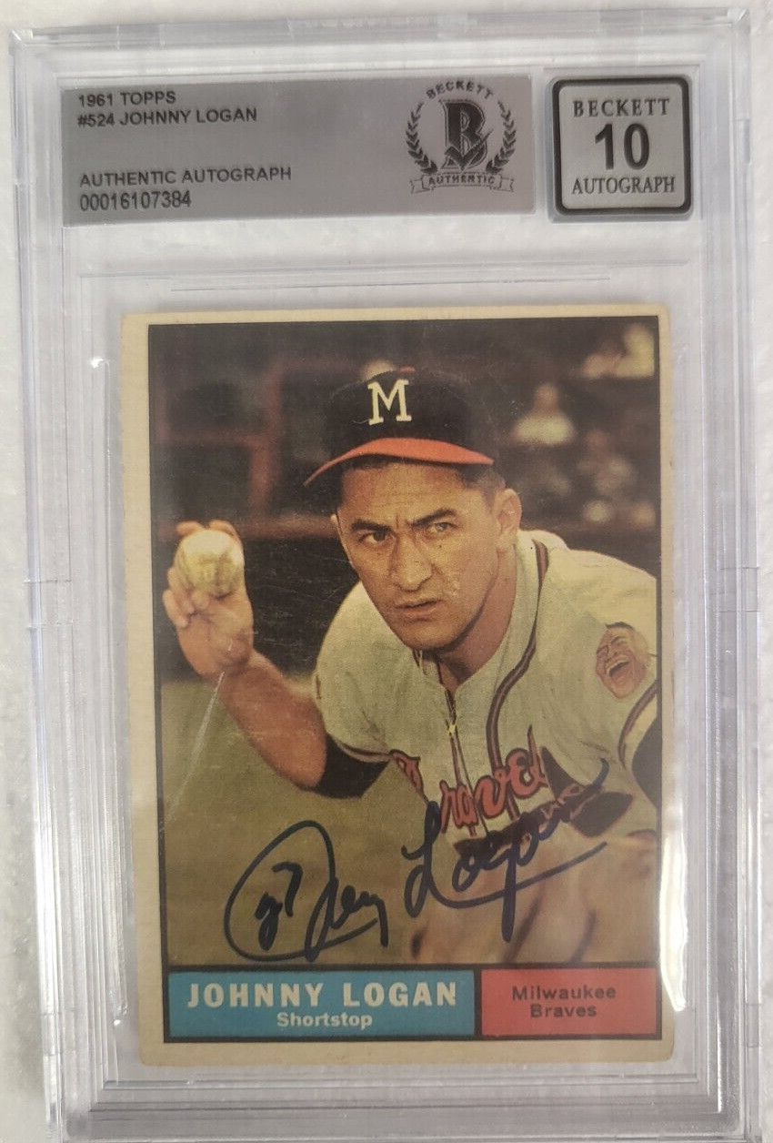 1961 TOPPS JOHNNY LOGAN ATLANTA BRAVES SIGNED AUTO #524 CARD BECKETT 10 AUTO
