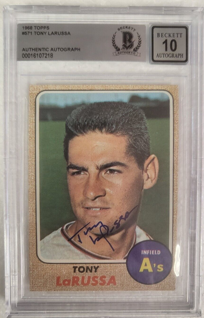 1968 TOPPS TONY LARUSSA ATHLETICS A'S SIGNED AUTOGRAPH #571 CARD BECKETT 10 AUTO