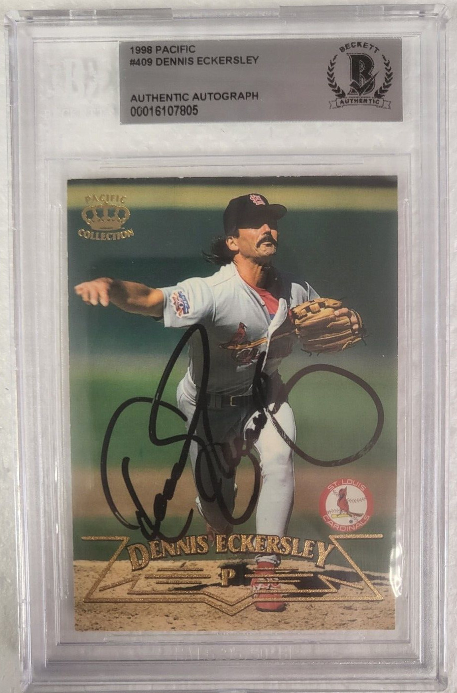 1998 PACIFIC DENNIS ECKERSLEY CARDINALS AUTOGRAPHED SIGNED #409 CARD BECKETT