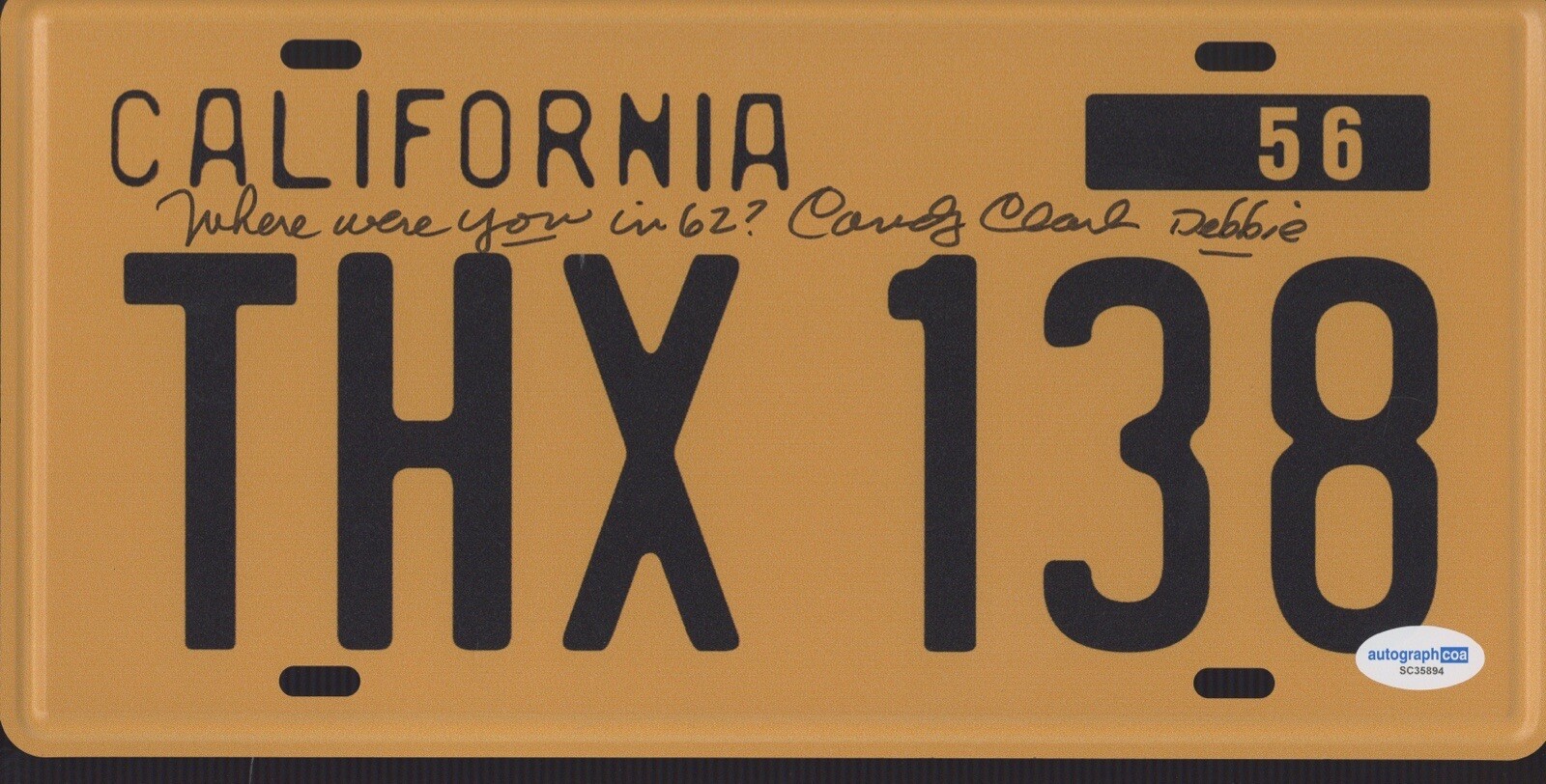 CANDY CLARK AMERICAN GRAFFITI SIGNED AUTOGRAPH LICENSE PLATE ACOA DEBBIE