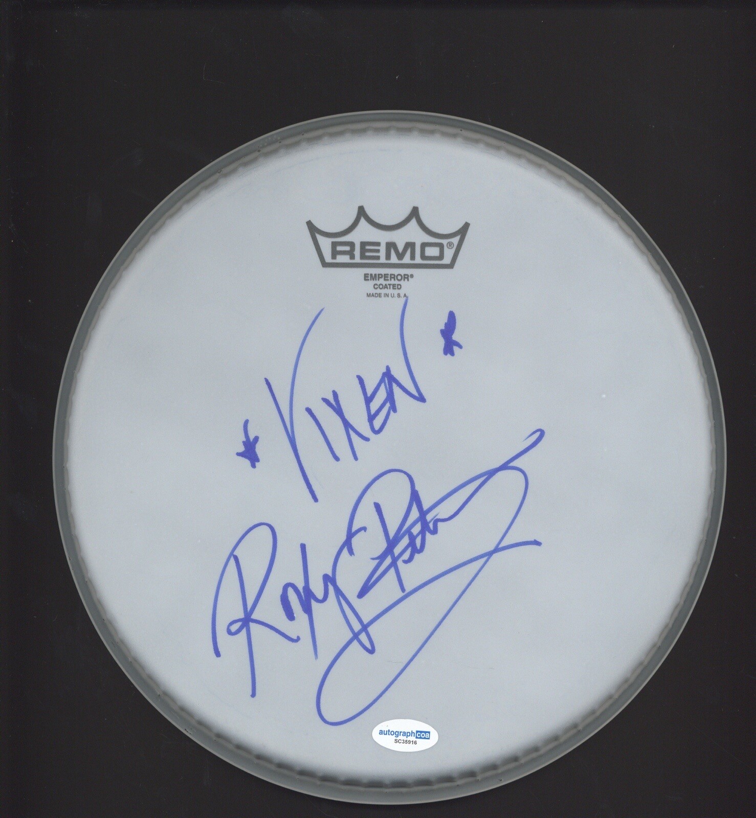 ROXY PETRUCCI VIXEN DRUMMER SIGNED AUTOGRAPH REMO DRUMHEAD ACOA COA COLLECTIBLE MEMORABILIA