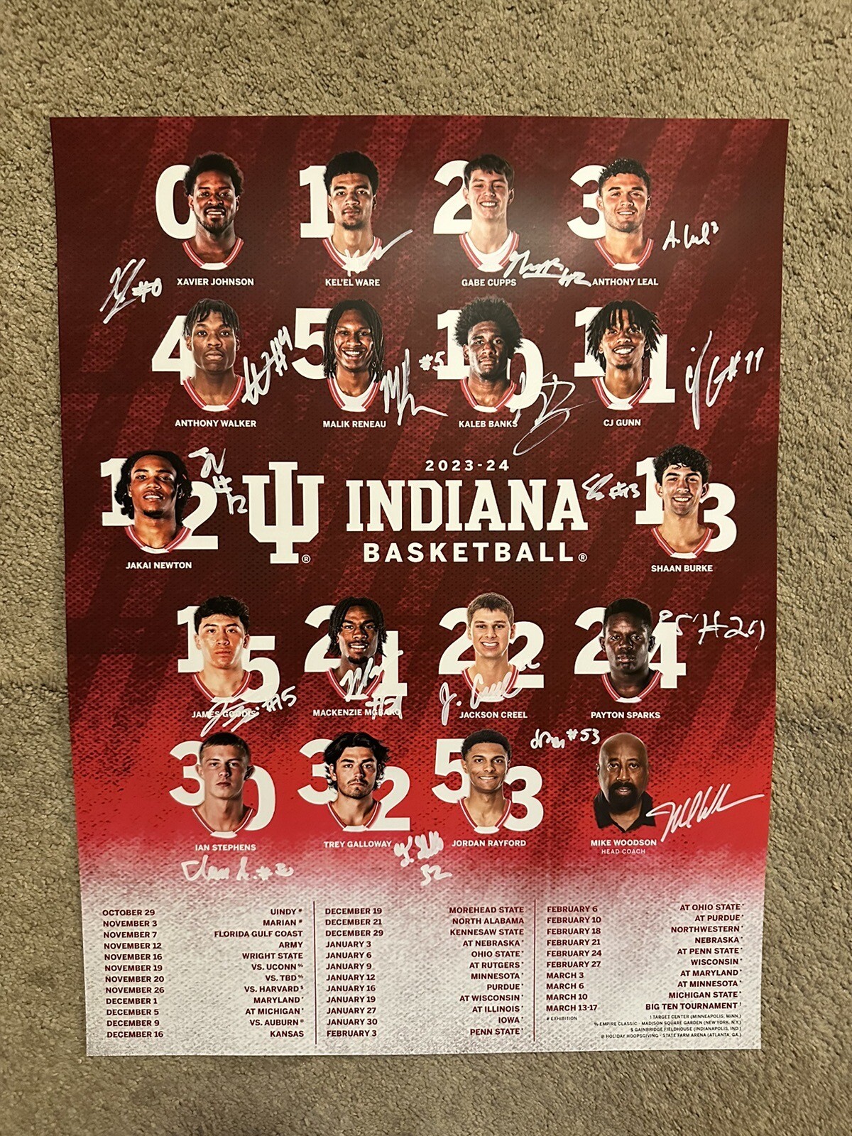 2023-2024 IU Indiana Hoosiers Mens Basketball Team Signed Poster Mike Woodson ++