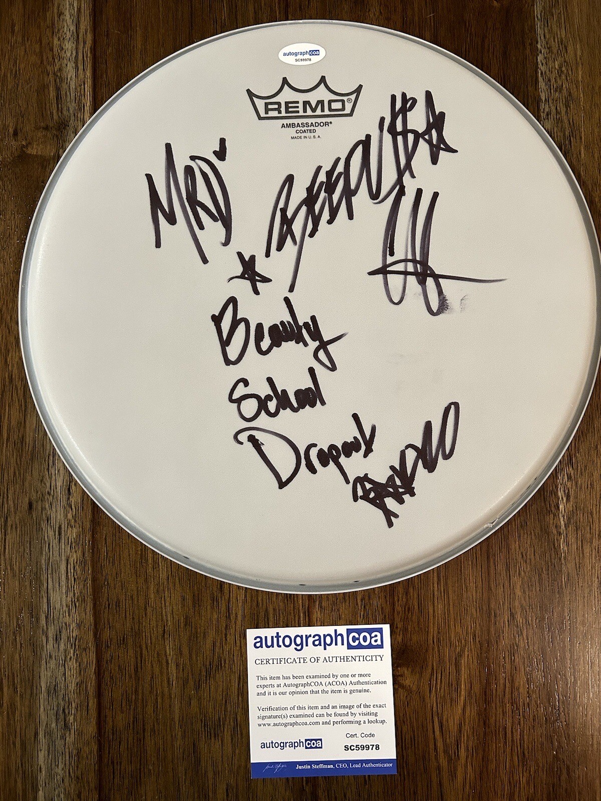 ‘BEAUTY SCHOOL DROPOUT’ ROCK BAND SIGNED GROUP DRUMHEAD COLIE HUTZLER ACOA BSD COLLECTIBLE MEMORABILIA