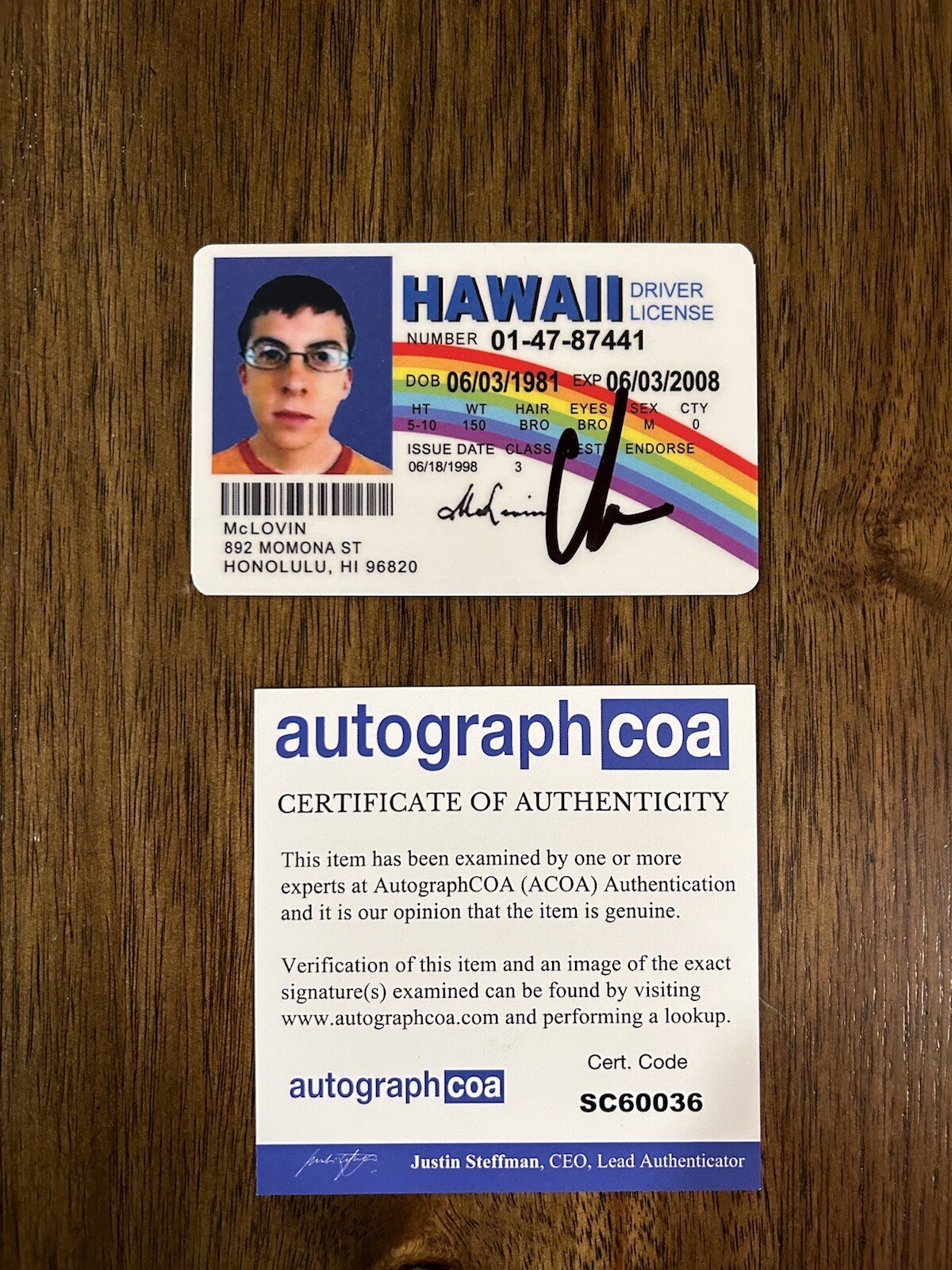 Christopher Mintz-Plasse Signed Mclovin Fake ID License ACOA PROOF
