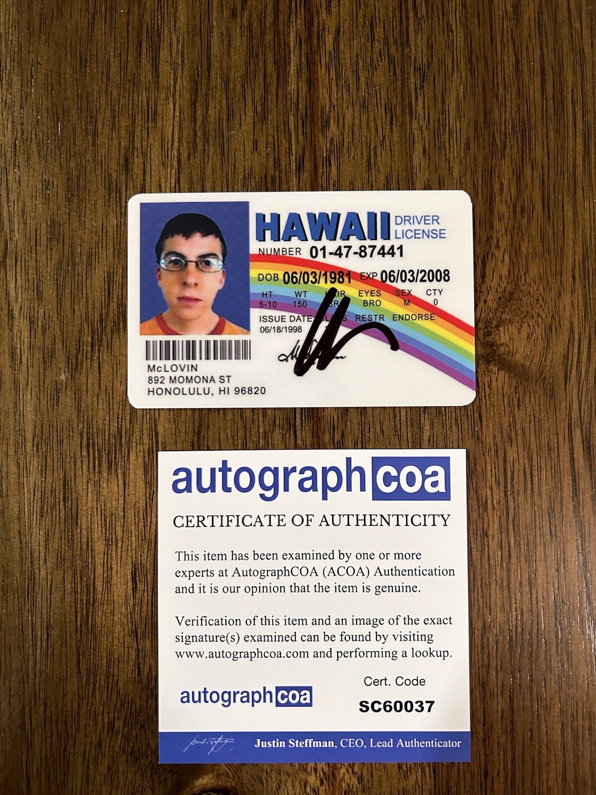 Christopher Mintz-Plasse Signed Mclovin Fake ID License ACOA PROOF