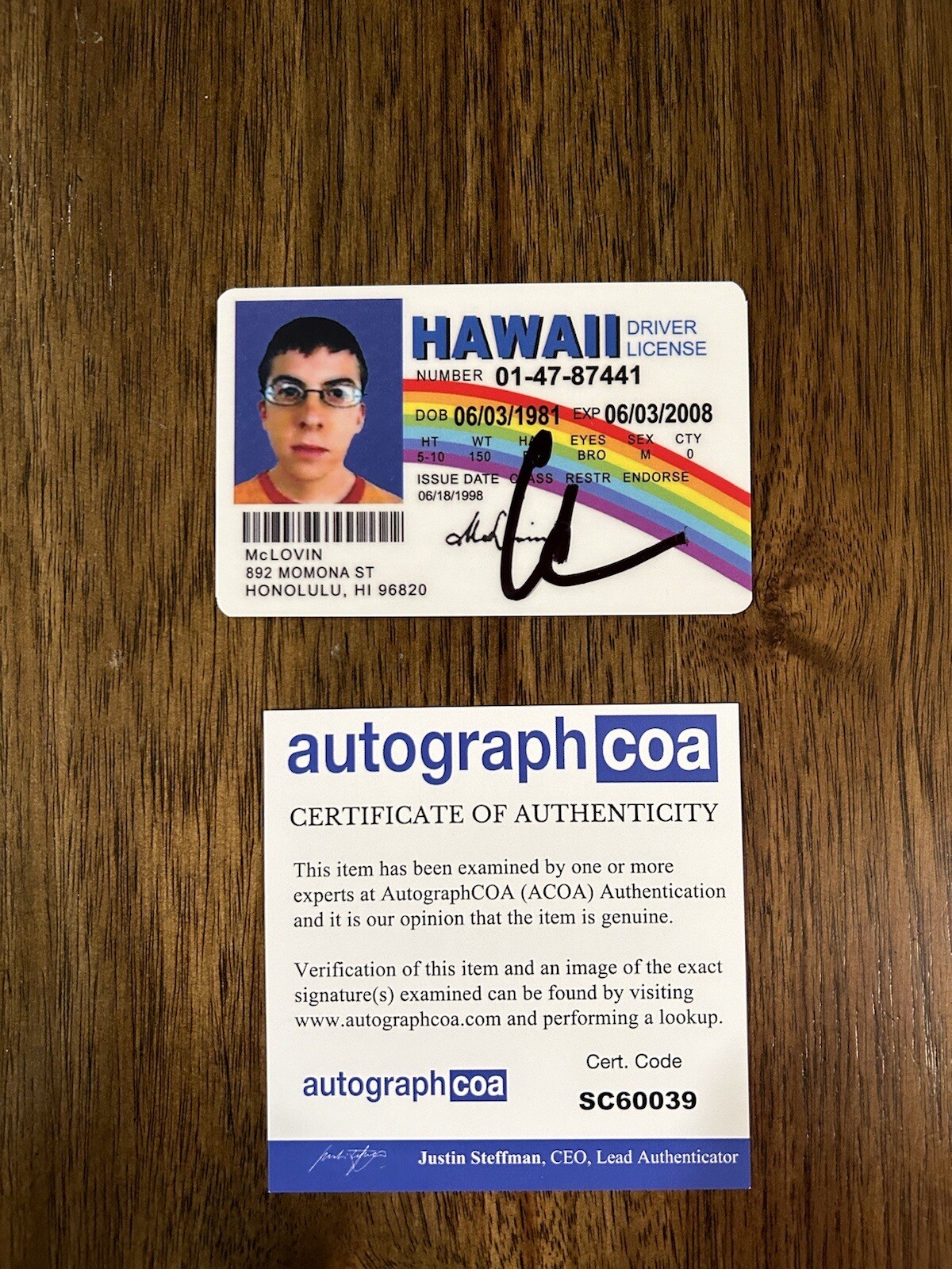 Christopher Mintz-Plasse Signed Mclovin Fake ID License ACOA PROOF