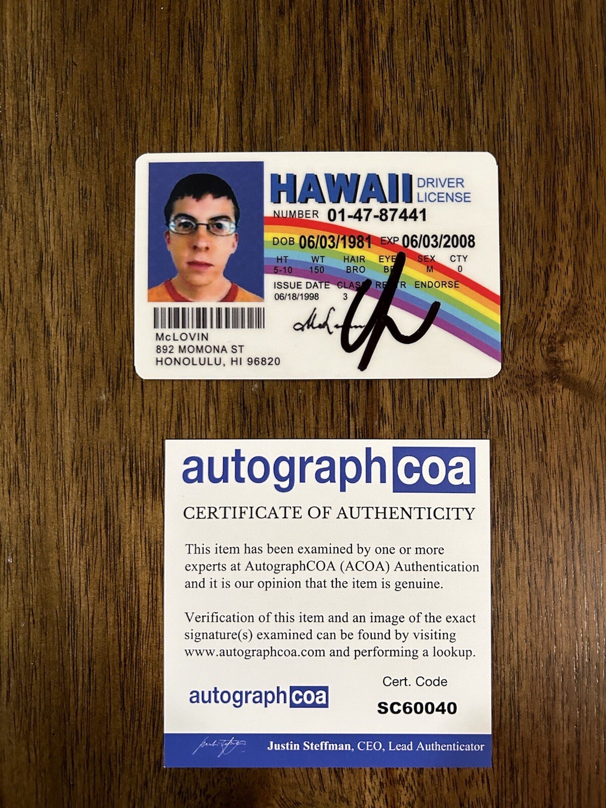 Christopher Mintz-Plasse Signed Mclovin Fake ID License ACOA PROOF