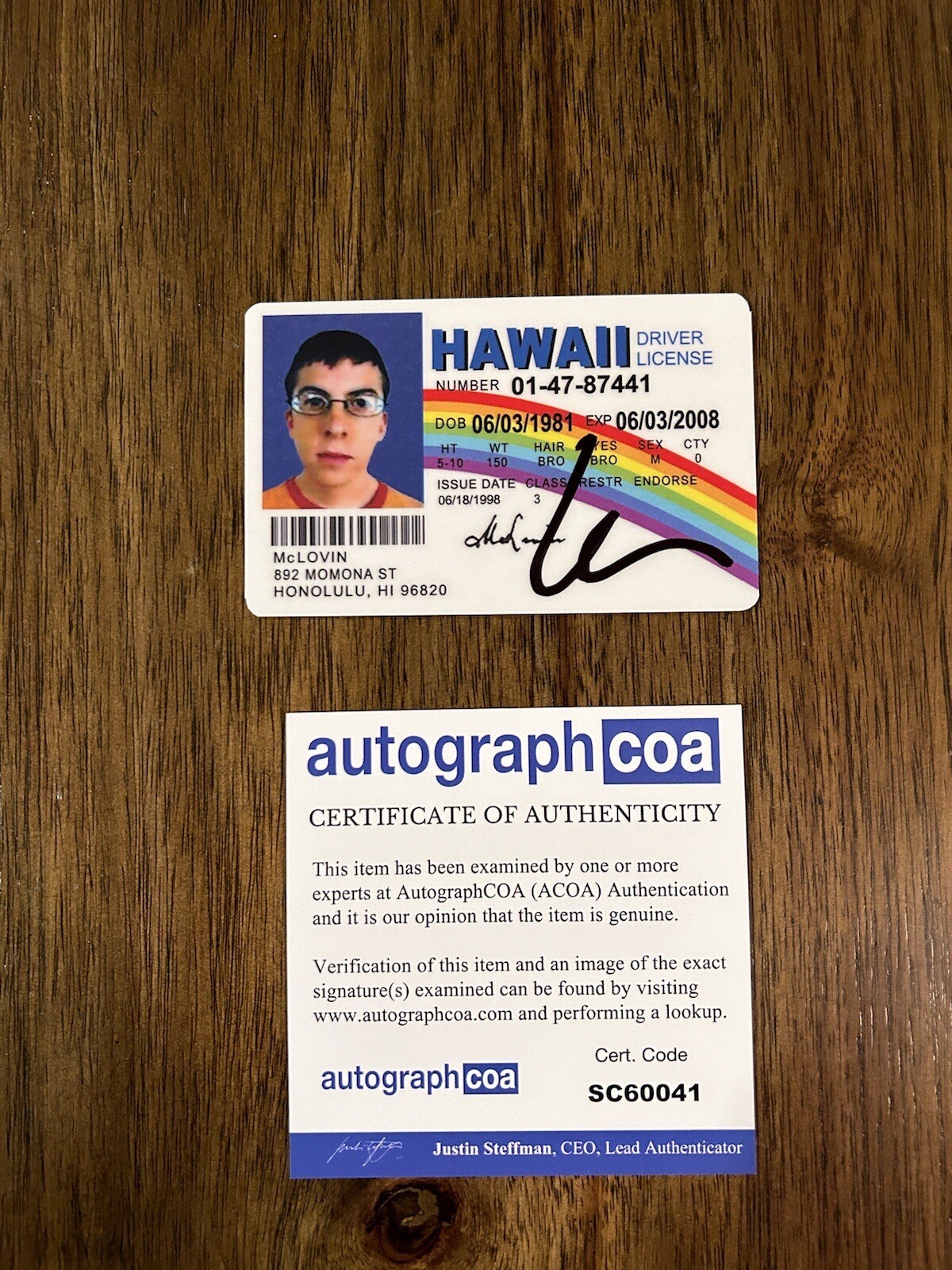 Christopher Mintz-Plasse Signed Mclovin Fake ID License ACOA PROOF