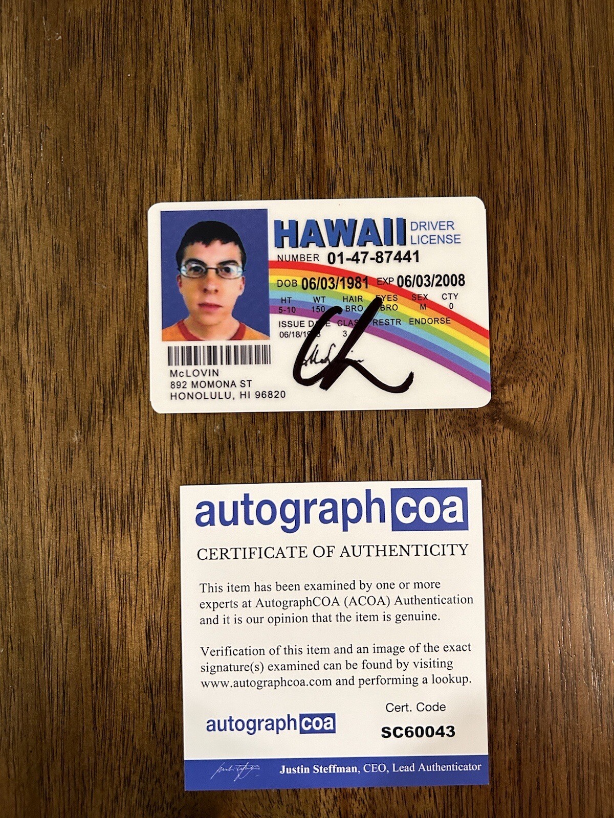 Christopher Mintz-Plasse Signed Mclovin Fake ID License ACOA PROOF