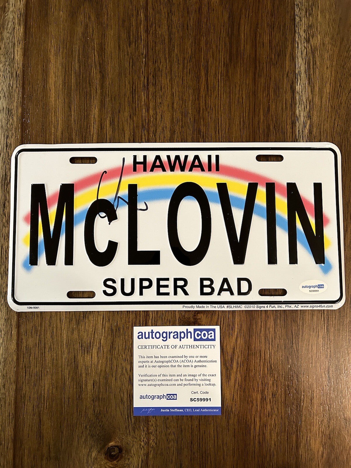 Christopher Mintz-Plasse Signed Mclovin License Plate ACOA PROOF ID Superbad
