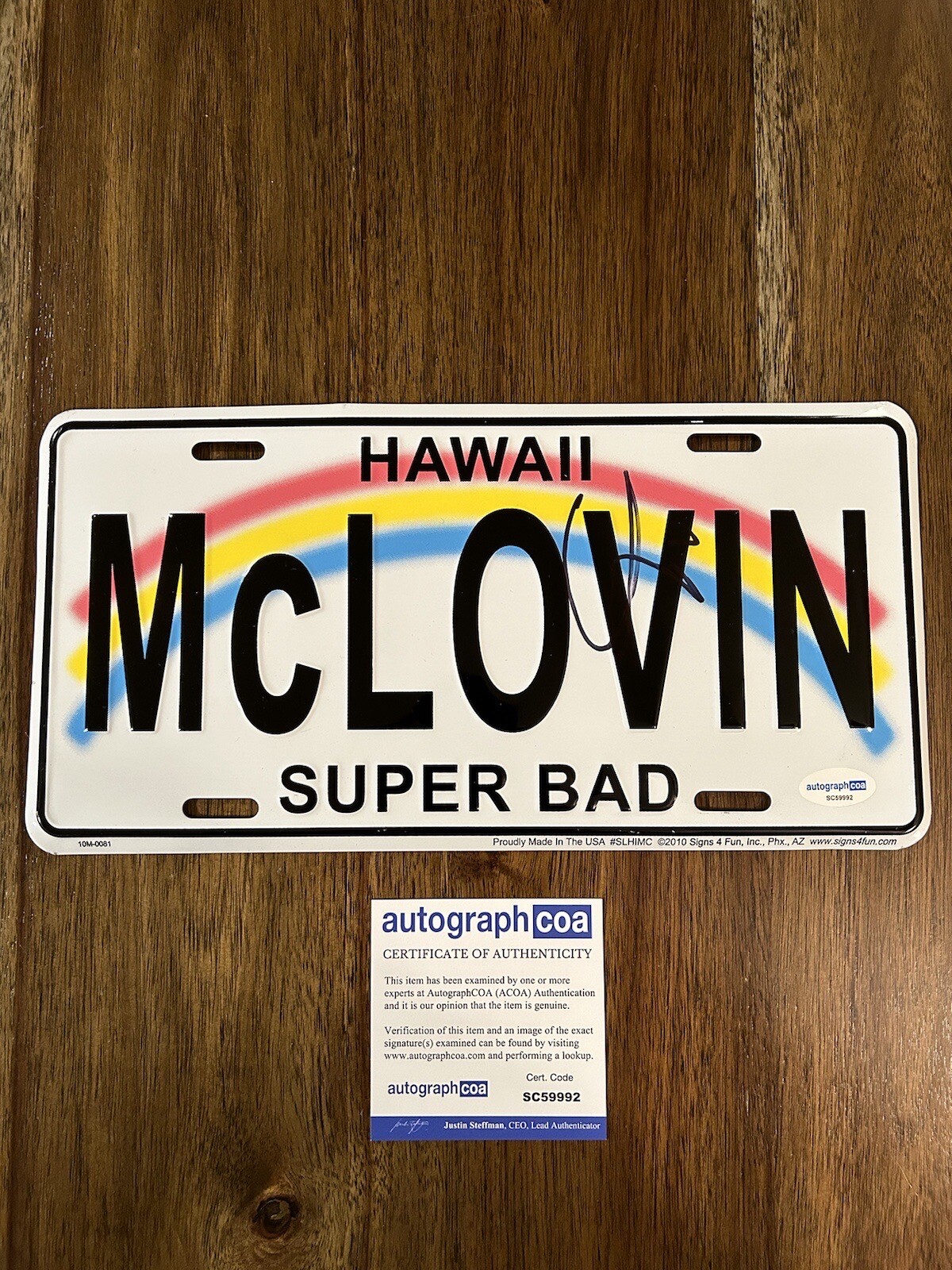 CHRISTOPHER MINTZ-PLASSE SIGNED MCLOVIN LICENSE PLATE ACOA PROOF ID SUPERBAD COLLECTIBLE MEMORABILIA
