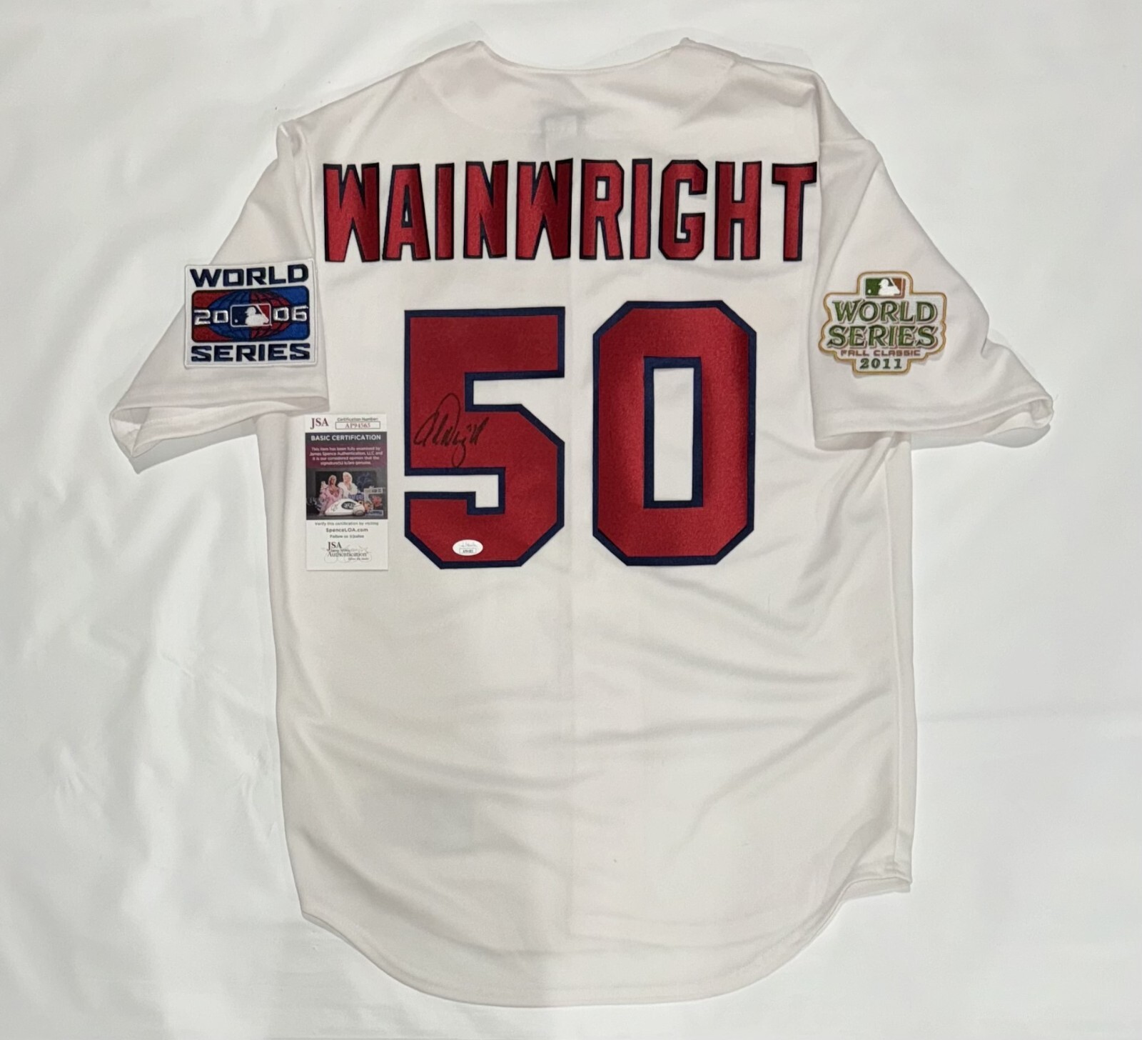 ADAM WAINRIGHT SIGNED ST LOUIS CARDINALS 2006 2011 WORLD SERIES JERSEY JSA COA