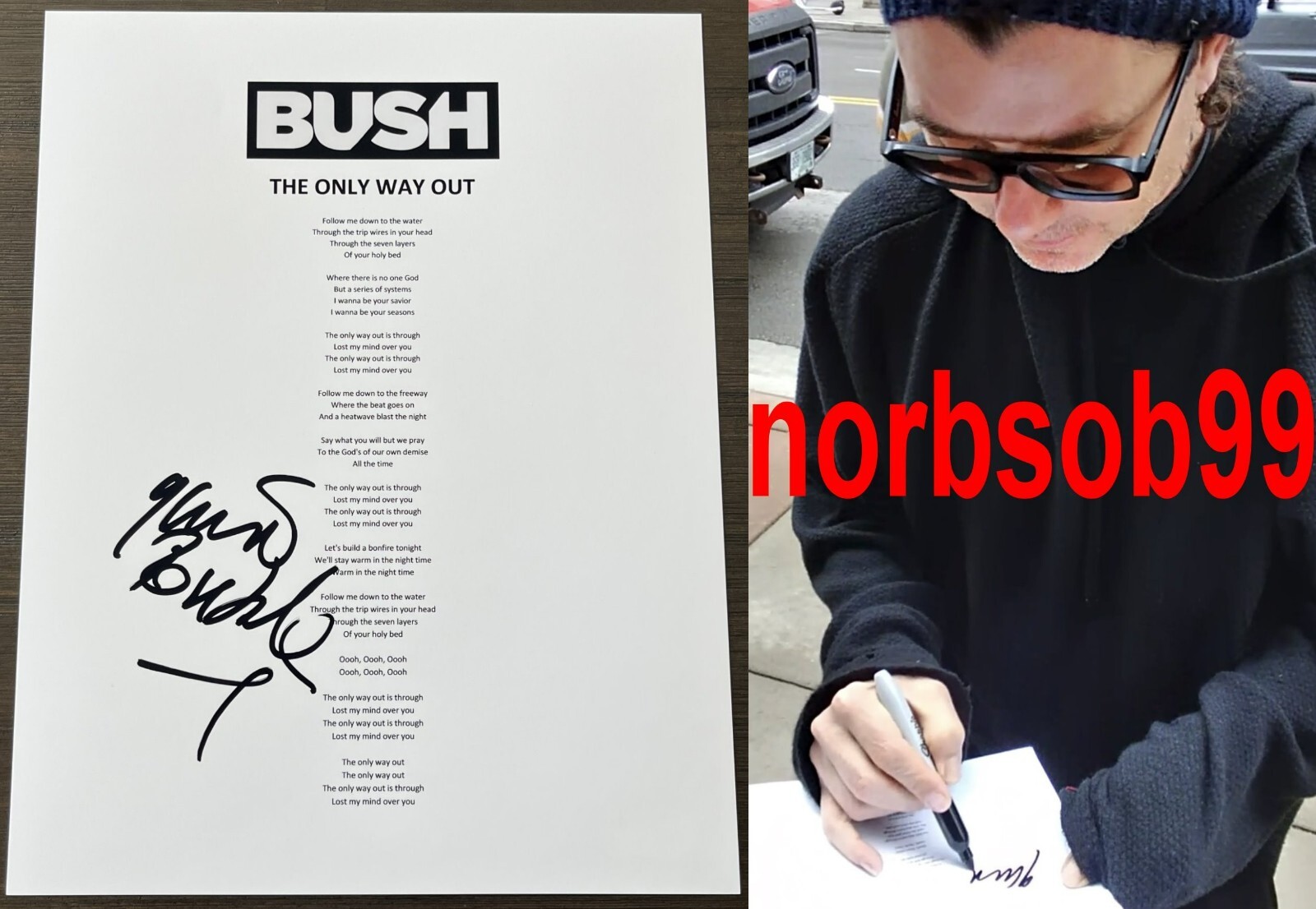 GAVIN ROSSDALE SIGNED BUSH THE ONLY WAY OUT LYRICS SHEET EXACT PROOF BECKETT COA