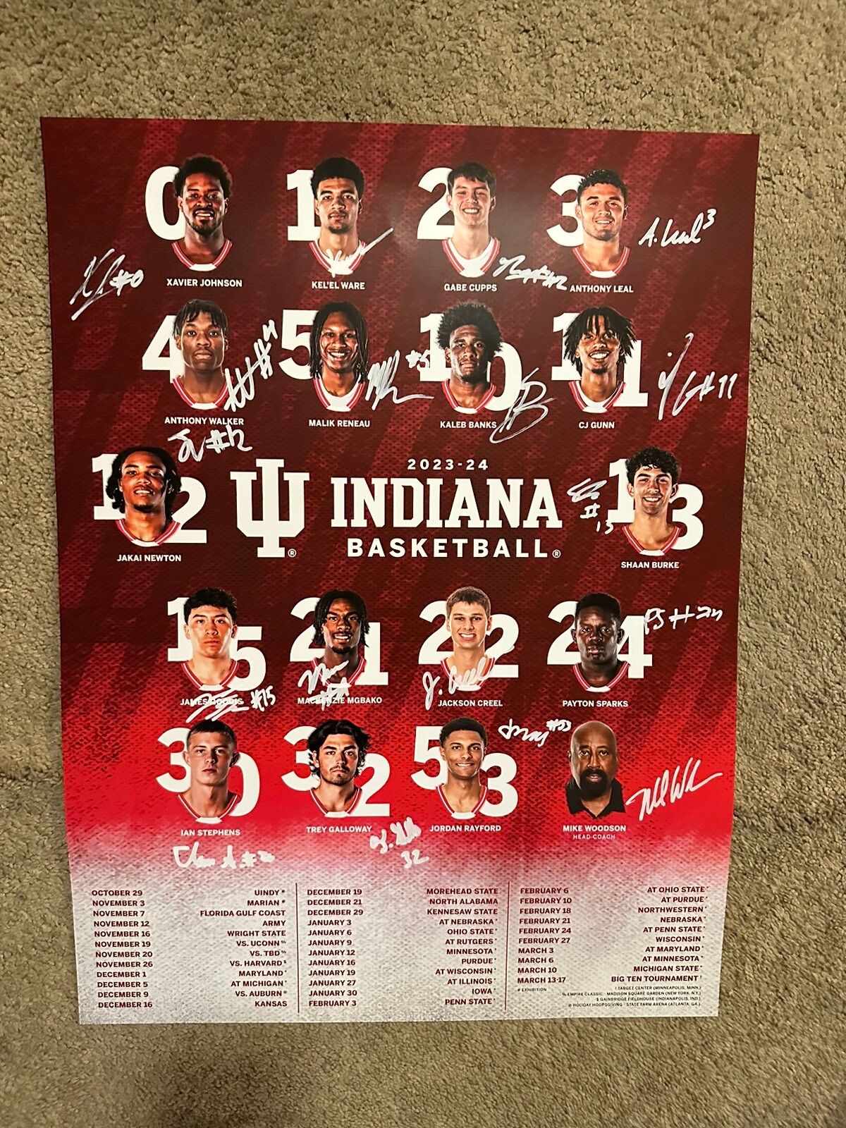 2023-2024 IU Indiana Hoosiers Mens Basketball Team Signed Poster Mike Woodson ++