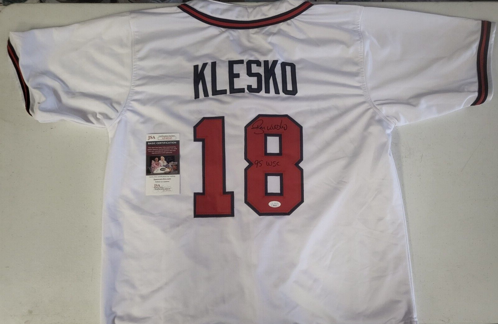 RYAN KLESKO #18 ATLANTA BRAVES 95 WSC SIGNED WHITE CUSTOM JERSEY SZ XL JSA COA