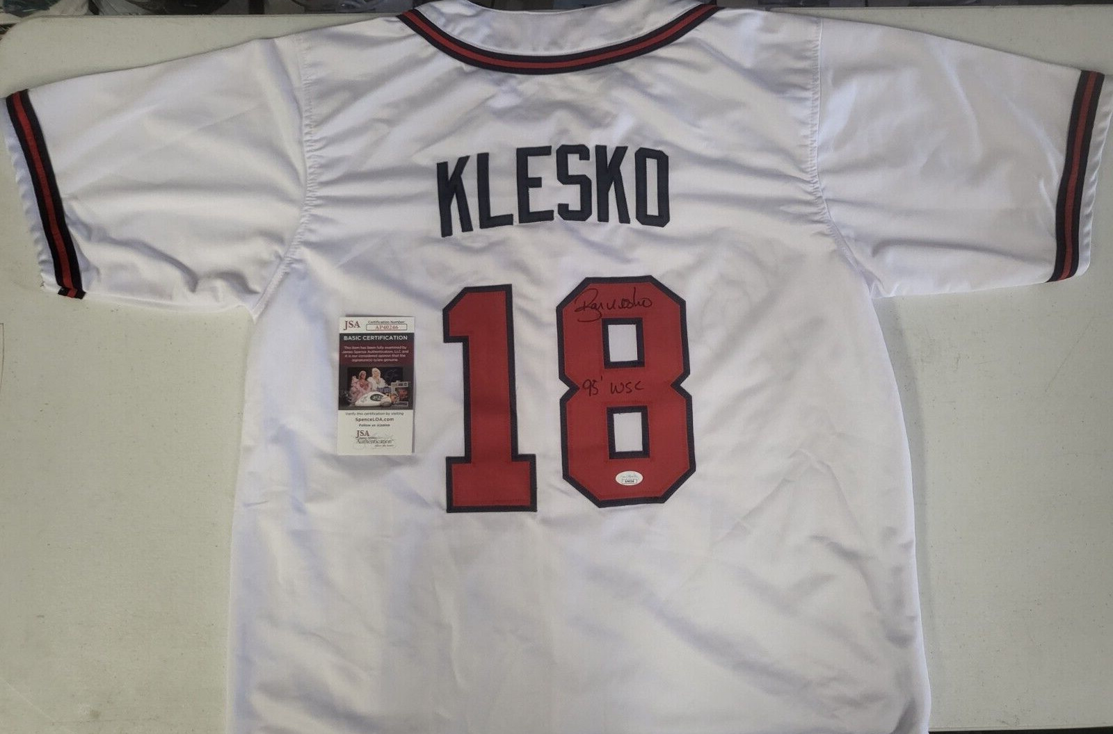 RYAN KLESKO #18 ATLANTA BRAVES 95 WSC SIGNED WHT CUSTOM JERSEY SZ XL JSA COA **