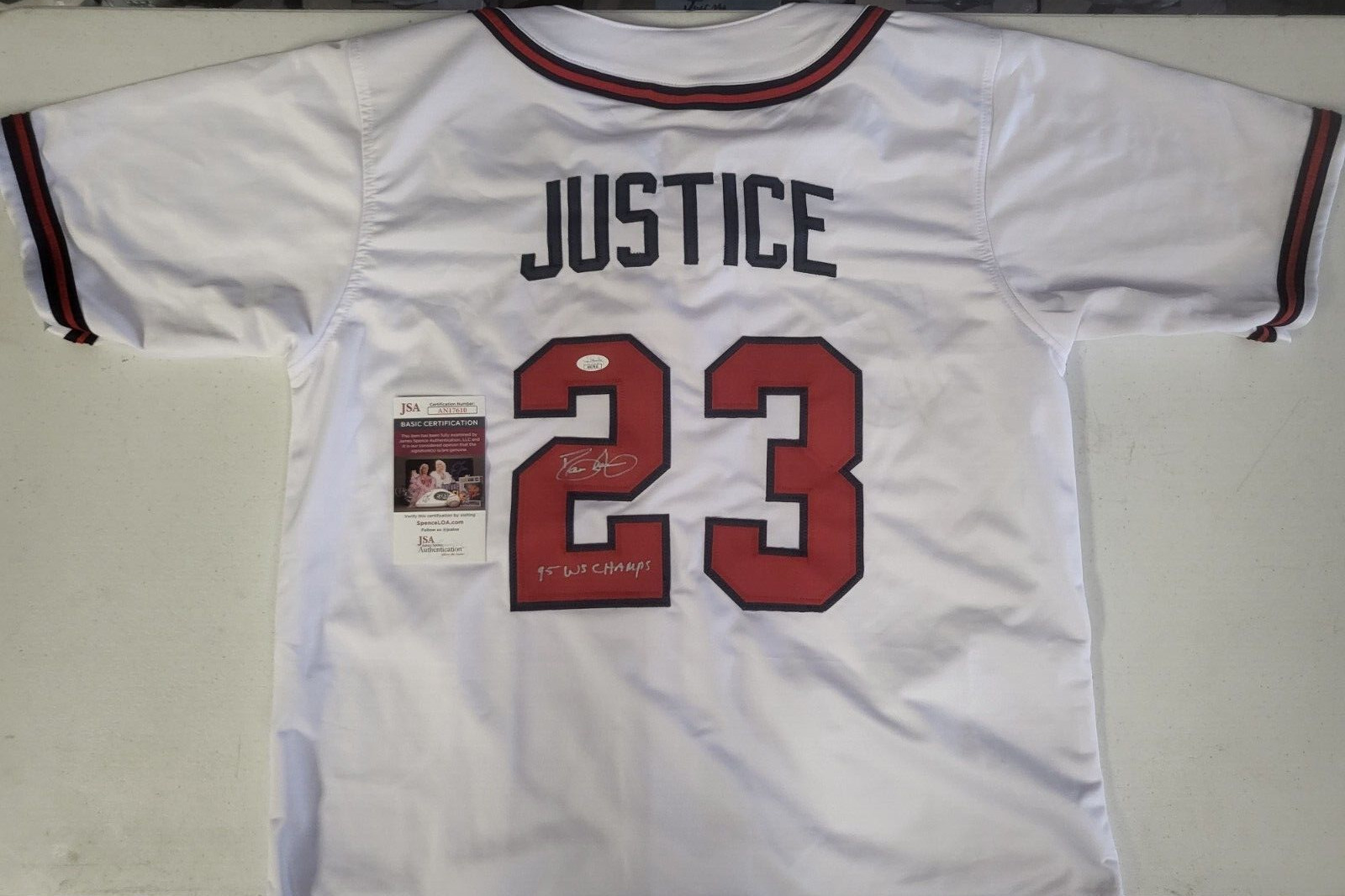 DAVID JUSTICE #23 ATLANTA BRAVES 95 WSC SIGNED CUSTOM JERSEY SZ XL JSA COA **