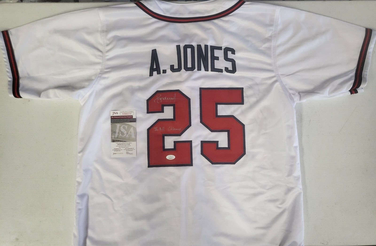 ANDRUW JONES #25 ATLANTA BRAVES 96 NL CHAMPS SIGNED CUSTOM JERSEY SZ XL JSA COA