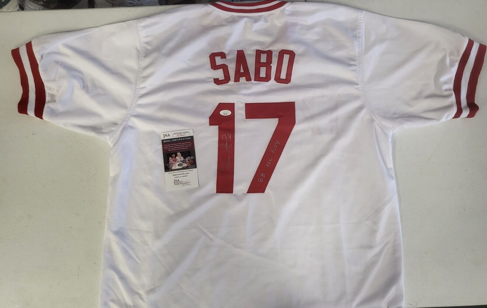 CHRIS SABO #17 CINCINNATI REDS 88 NL ROY AUTO SIGNED CUSTOM JERSEY XL JSA COA *