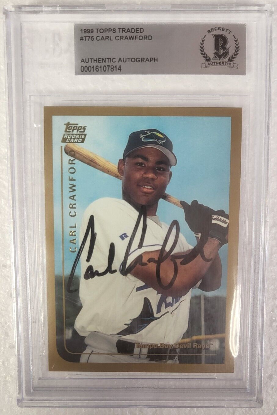 1999 TOPPS TRADED CARL CRAWFORD ROOKIE RC SIGNED AUTO CARD #T75 BECKETT AUTH *