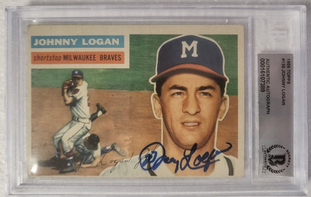 1956 TOPPS JOHNNY LOGAN MILWAUKEE BRAVES SIGNED AUTOGRAPHED CARD #136 BECKETT