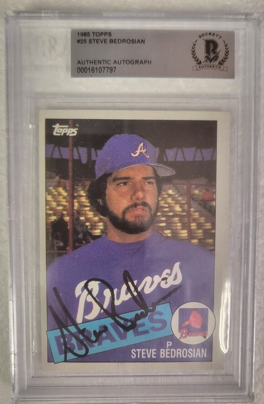 1985 TOPPS STEVE BEDROSIAN ATLANTA BRAVES SIGNED AUTOGRAPHED #25 CARD BECKETT
