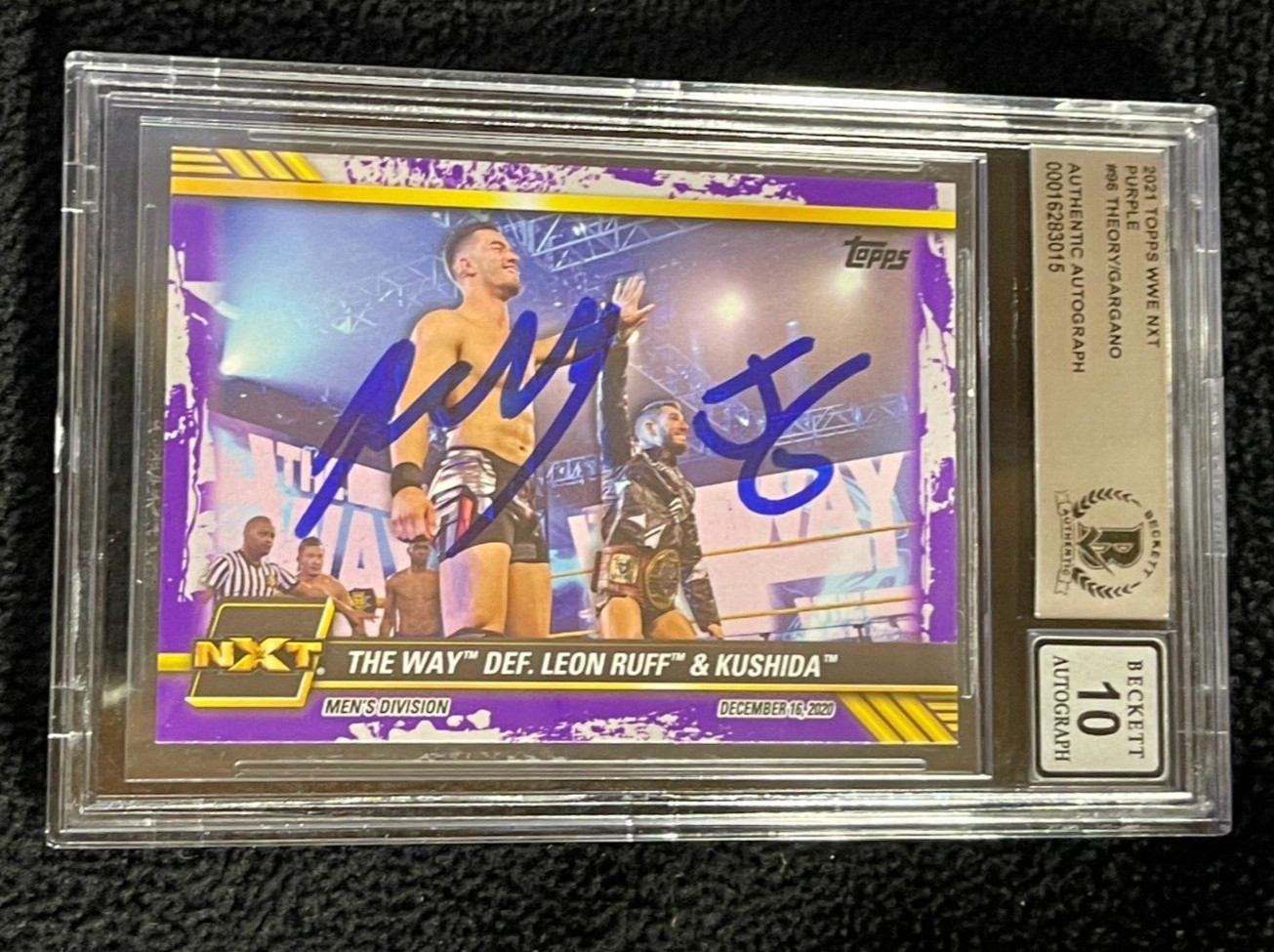 AUSTIN THEORY & JOHNNY GARGANO SIGNED 2021 WWE PURPLE CARD BAS CERTIFIED AUTO 10 COLLECTIBLE MEMORABILIA