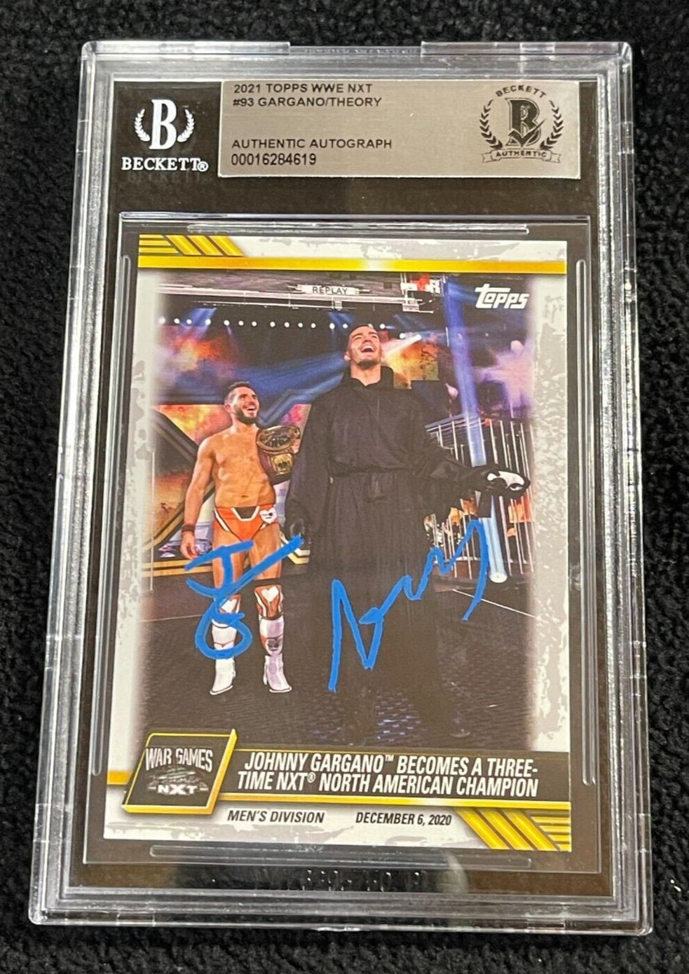 AUSTIN THEORY & JOHNNY GARGANO SIGNED 2021 TOPPS WWE CARD #93 BAS CERTIFIED COLLECTIBLE MEMORABILIA