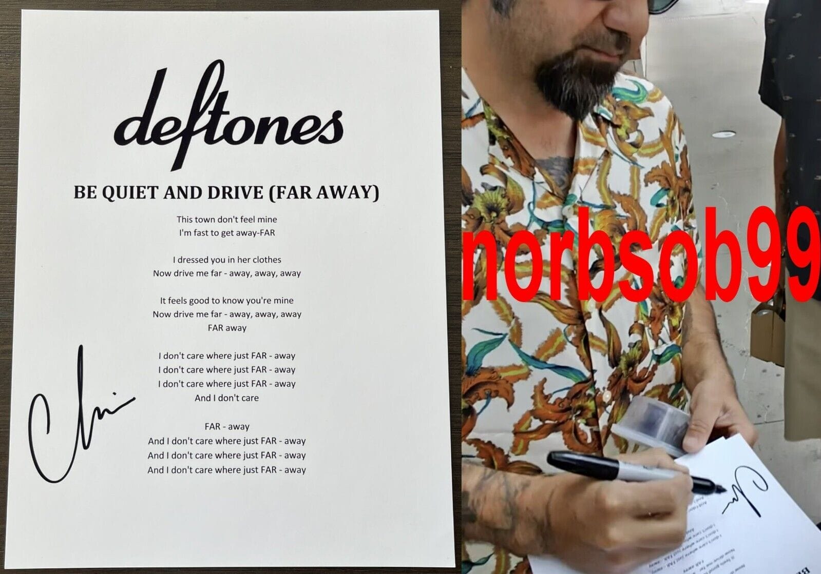 CHINO MORENO SIGNED DEFTONES BE QUIET AND DRIVE LYRICS SHEET w/EXACT PROOF COA Autographia