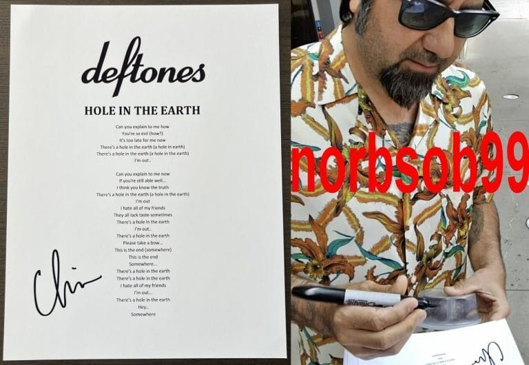 CHINO MORENO SIGNED DEFTONES HOLE IN THE EARTH LYRICS SHEET W/EXACT PROOF & COA COLLECTIBLE MEMORABILIA