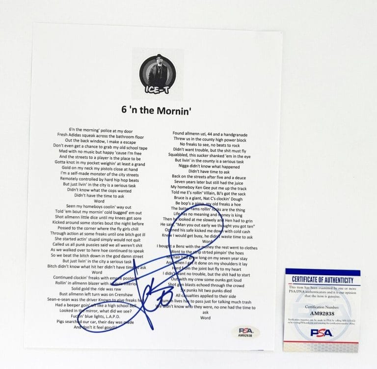 ICE-T SIGNED LYRIC SHEET 6 N THE MORNIN PSA/DNA COA COLLECTIBLE MEMORABILIA
