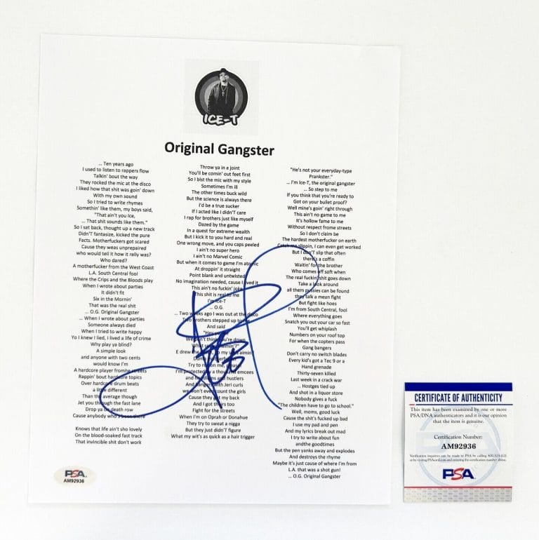 ICE-T SIGNED LYRIC SHEET ORIGINAL GANGSTER PSA/DNA COA COLLECTIBLE MEMORABILIA