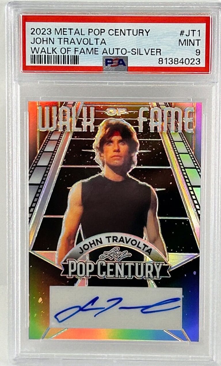 JOHN TRAVOLTA 2023 SIGNED METAL LEAF POP CENTURY AUTO CARD 6/12 GRADED 9 SLABBED COLLECTIBLE MEMORABILIA